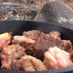 お肉を食べたくなる🥩。ワサビ、にんにくとステーキ#ソロキャンプ #キャンプ飯