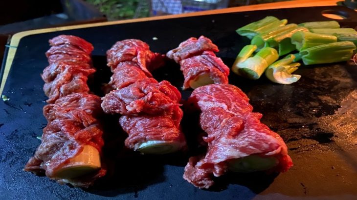【キャンプ飯】ネギに肉を巻いてスウェーデントーチルる