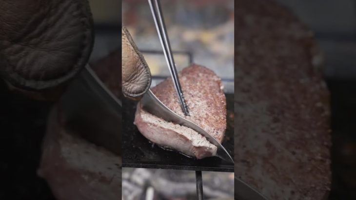 分厚いお肉 いい感じに焼けました #キャンプ #キャンプ飯 #焚き火 #camping