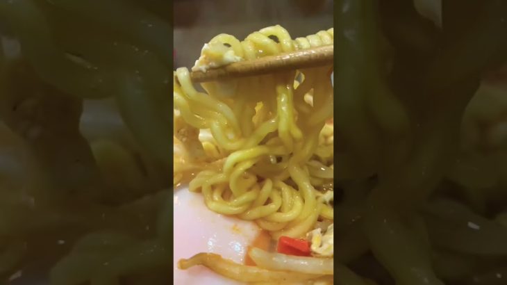 家でキャンプ飯。メスティンで辛ラーメン作って食べてみた。具材は残り物の生姜焼きの豚肉と、もやしと卵。最高に旨い！