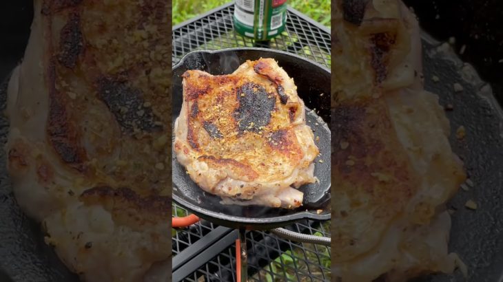 キャンプ飯‼️ほりにしで鶏肉を焼いて　レモンサワーで押し込む！