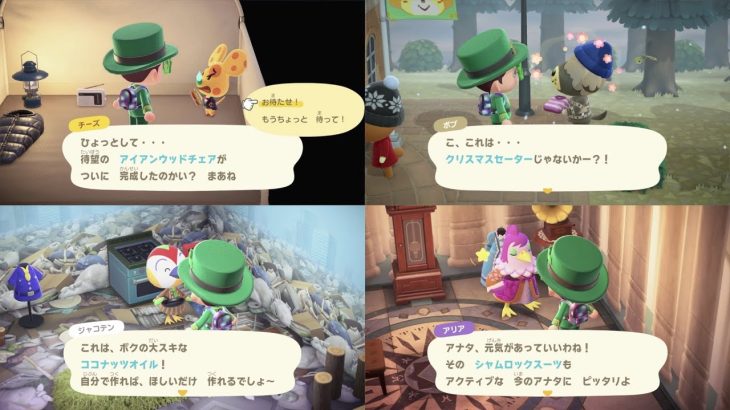 【あつ森】キャンプサイトに呼んだチーズに「アイアンウッドチェア」をあげた／ボブに「クリスマスセーター」／ジャコテンに「ココナッツオイル」のレシピをもらった／引っ越しが終わったアリアの家に行ってみた
