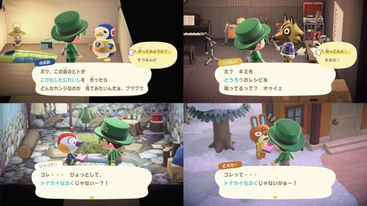 【あつ森】キャンプサイトに呼んだ のぶお に「こけむしたいわいし」をあげた／リカルドに「とうろう」のレシピをもらった／チーズとリカルドとジャコテンとビネガーに「トナカイなふく」をあげてみた