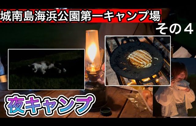 【城南島海浜公園第一キャンプ場④】夜のキャンプはいろんなものが綺麗に見えるんだよね！【焚き火】【お好み焼き】【猫】【1037】