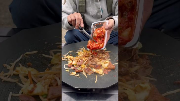 キャンプ飯『ホルモンキムチうどん』